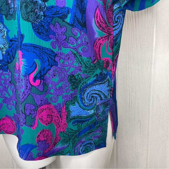 Vintage JG Collection Petite Blouse 8 Teal Pink Blue 1980’s S/S Padded Shoulders - Picture 5 of 9